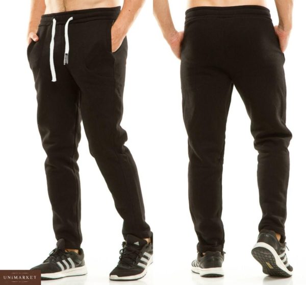 Купить дешево мужские однотонные спортивные штаны теплые и лаконичные черного цвета батал недорого