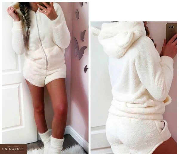 Приобрести в интернет-магазине женскую пижаму: кофта + штаны из двухсторонней махры с капюшоном цвета молочного дешево