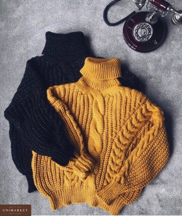 Замовити дешево жіночий светр з фактурним візерунком об'ємної в'язки під горло кольору чорного недорого