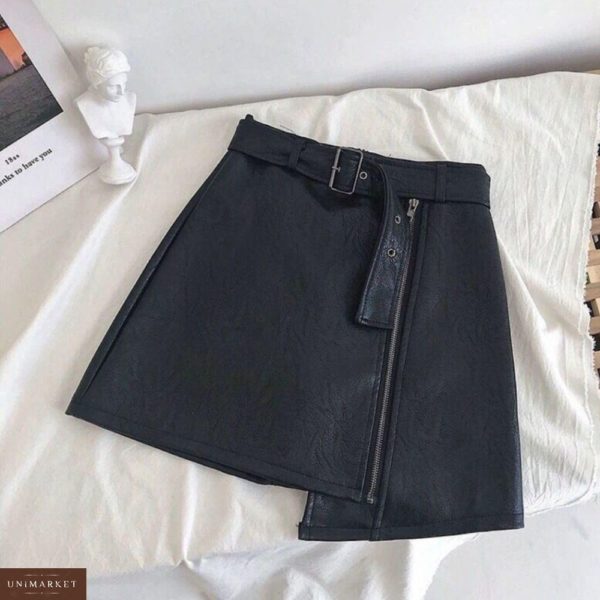 Заказать в подарок женскую ассиметричную юбку с поясом из экокожи черного цвета оптом Украина