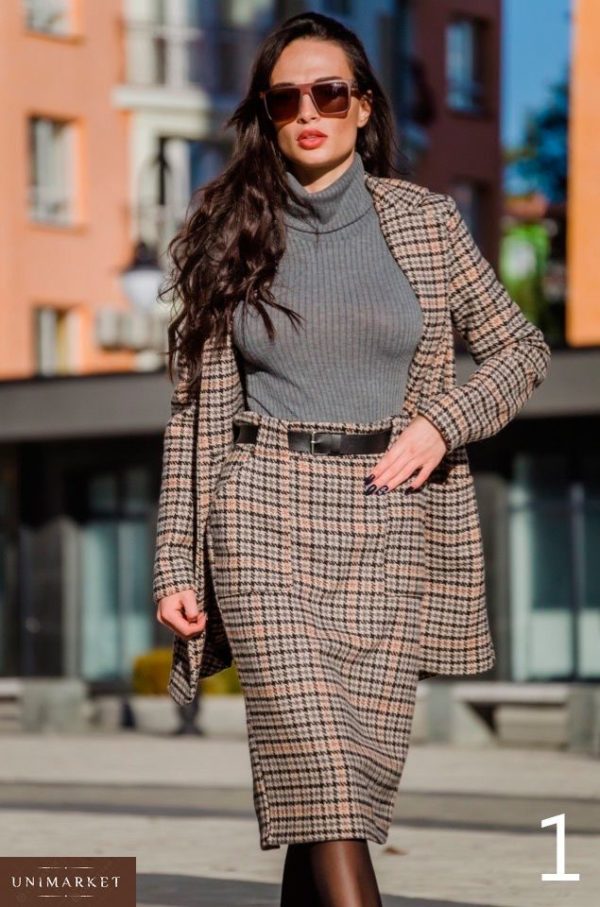 Заказать в подарок женский шерстяной удлиненный пиджак с поясом в комплекте оптом Украина