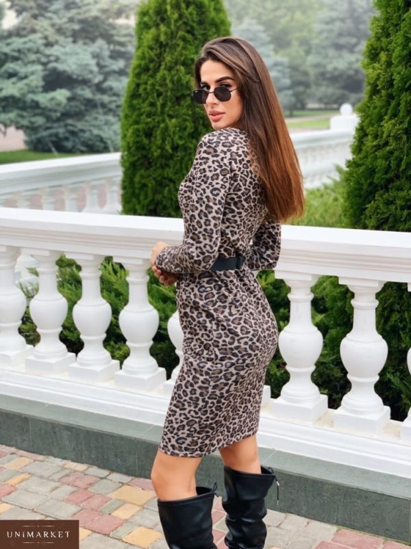 Приобрести в интернет-магазине женское платье леопардовое обтягивающее из трикотажа с поясом дешево