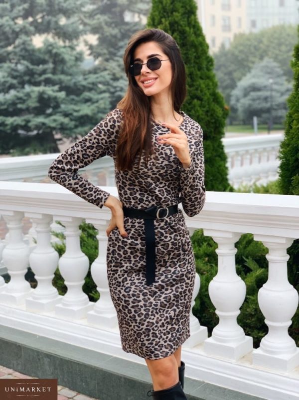 Заказать в подарок женское обтягивающее леопардовое платье с поясом из трикотажа оптом Украина