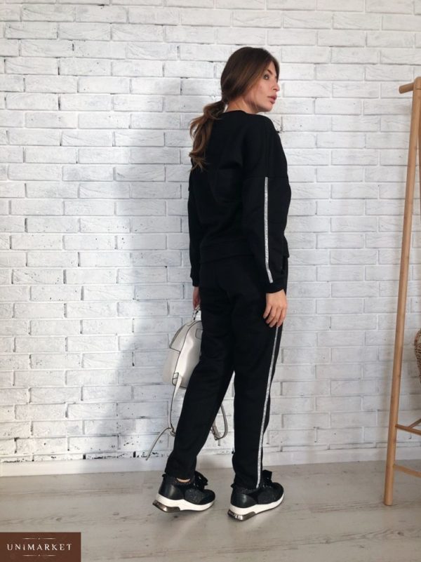 Придбати в інтернет-магазині жіночий костюм прогулянковий теплий з трьох нитки на флісі кольору чорного дешево