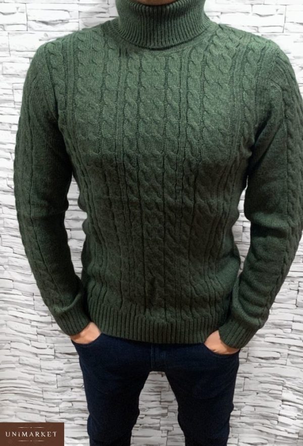 Купити дешево чоловічий теплий светр з відворотом кольору хакі недорого