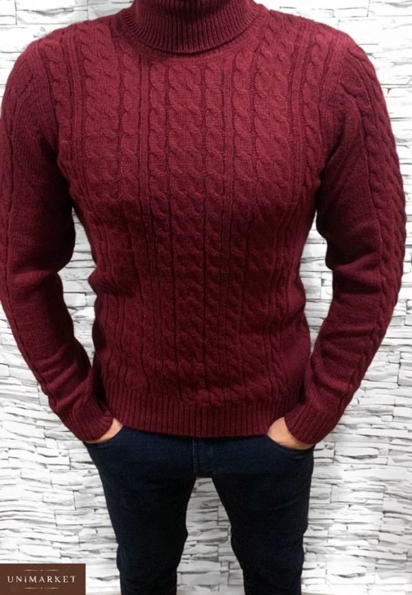 Замовити недорого чоловічий теплий з відворотом светр кольору бордового в подарунок