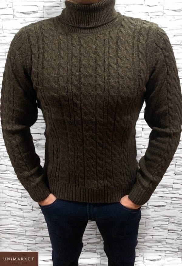 Купить в интернет-магазине с отворотом мужской теплый свитер цвета шоколадного дешево