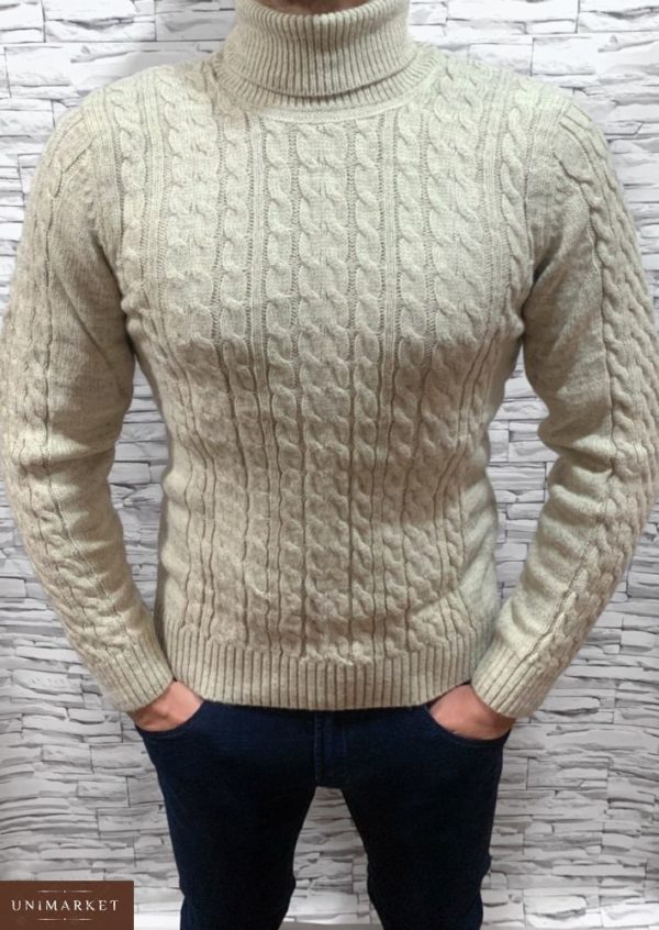Замовити оптом чоловічий светр бежевий теплий з відворотом недорого