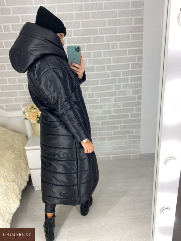 Приобрести в интернет-магазине женское пальто длинное из плащевки на кнопках с капюшоном цвета черного дешево