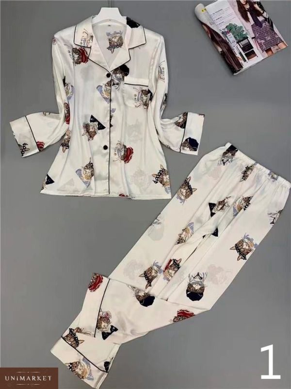 Заказать в подарок женскую шелковую пижаму: рубашка со штанами с принтом оптом Украина