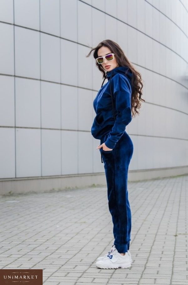 Придбати жіночий прогулянковий з капюшоном костюм на блискавці з велюру синього кольору в Україні