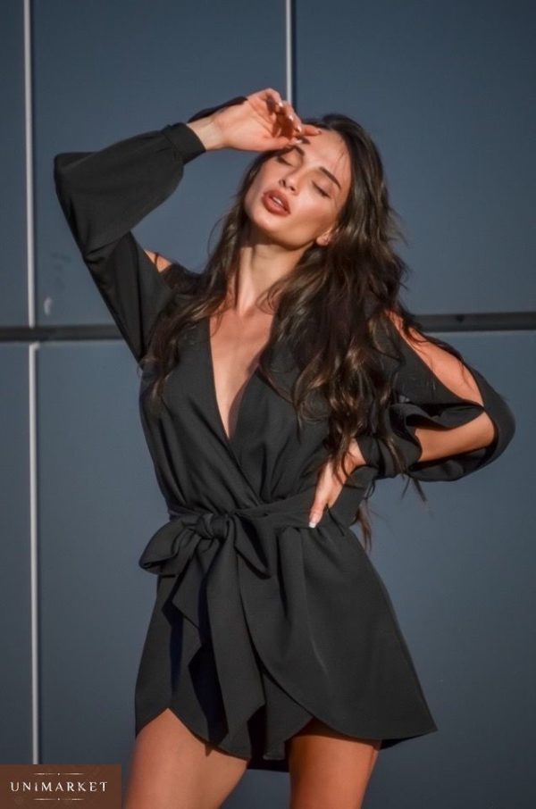Приобрести в интернет-магазине женский комбинезон с юбкой короткой и поясом из костюмки цвета черного дешево