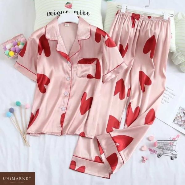 Заказать в подарок женскую пижаму штаны и рубашку с сердечками розового цвета оптом Украина