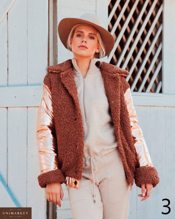 Приобрести в интернет-магазине женскую зимнюю комбинированную куртку из эко меха на кнопках дешево