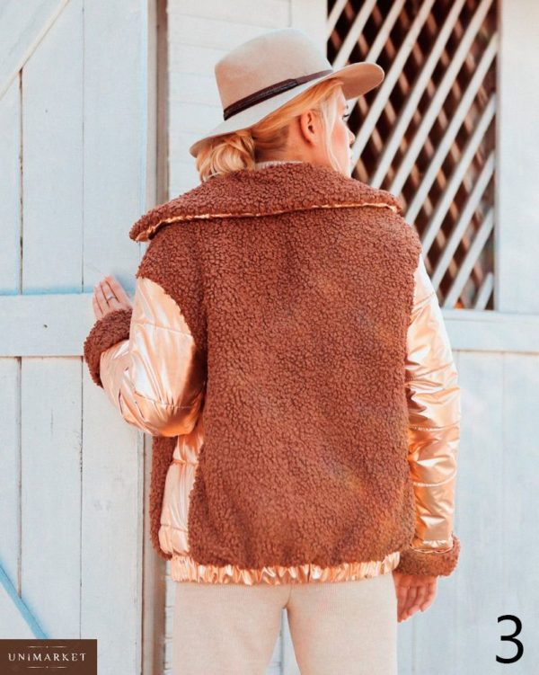 Заказать в подарок женскую комбинированную зимнюю куртку из эко меха на кнопках оптом Украина