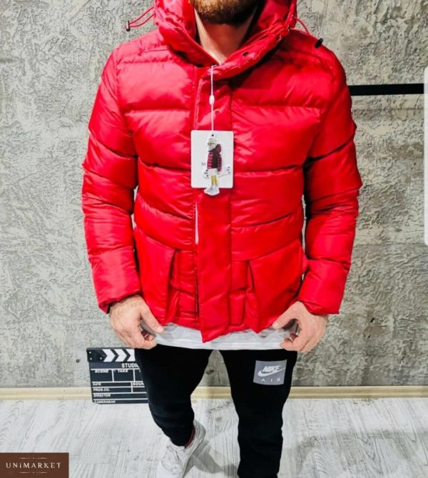 Купить в интернет-магазине мужскую куртку пуховик Moncler с лацканами крутыми цвета красного размеров больших дешево