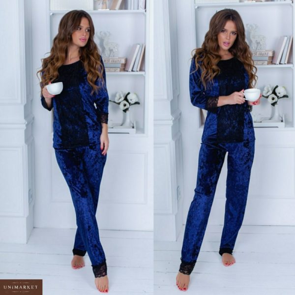 Купить недорого женскую бархатную пижаму брюки + кофта с кружевом синего цвета в подарок
