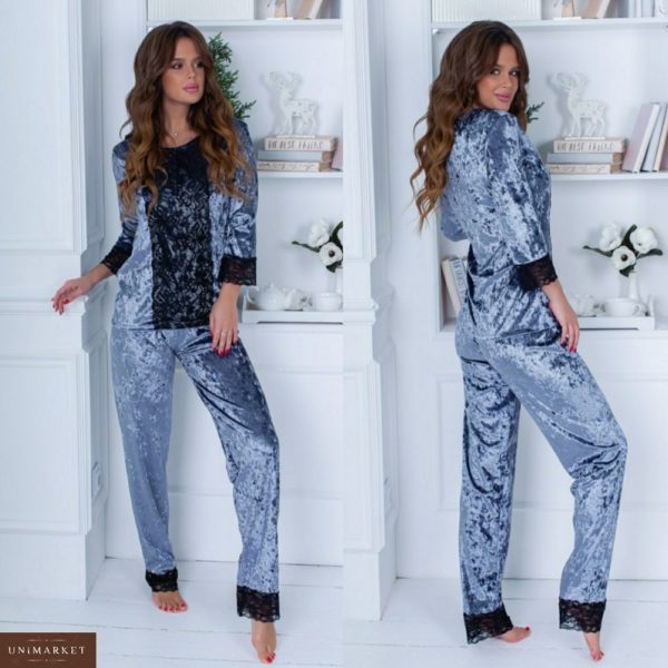 Заказать дешево женскую бархатную пижаму с кружевом кофта + брюки серого цвета недорого