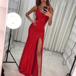Замовити в подарунок жіночу довге вечірнє плаття з високим розрізом і глибоким декольте червоного кольору оптом Україна