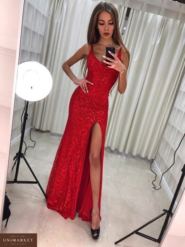 Замовити в подарунок жіночу довге вечірнє плаття з високим розрізом і глибоким декольте червоного кольору оптом Україна