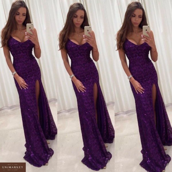 Придбати в інтернет-магазині жіночу сукню довге вечірнє з розрізом високим і декольте глибоким бузкового кольору дешево