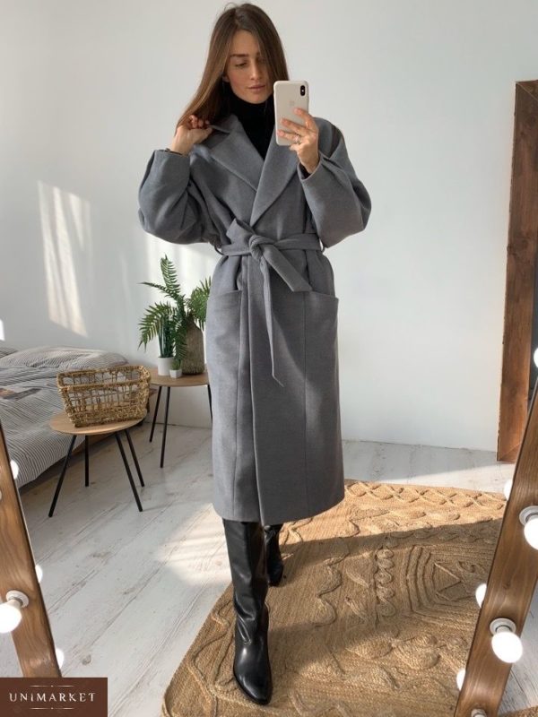 Купить недорого женское пальто с поясом кашемировое серого цвета в подарок