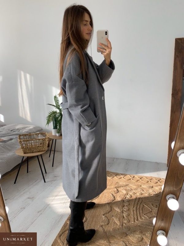 Заказать дешево пальто женское кашемировое с поясом цвета серого недорого
