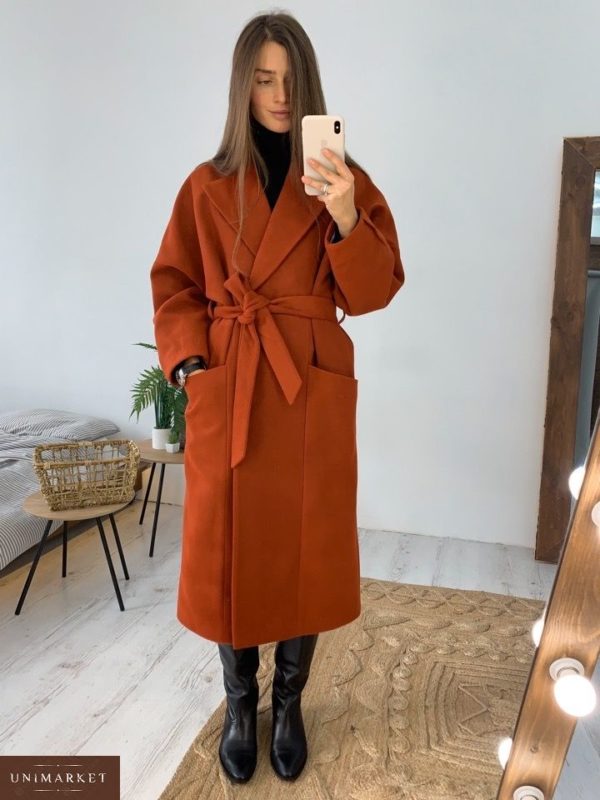 Заказать в подарок женское пальто кашемировое с поясом терракотового цвета оптом Украина