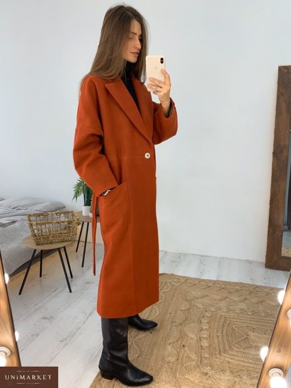 Приобрести в интернет-магазине женское кашемировое пальто с поясом цвета терракотового дешево