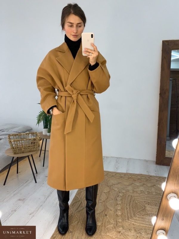 Приобрести в интернет-магазине женское пальто кашемировое с поясом цвета медового дешево