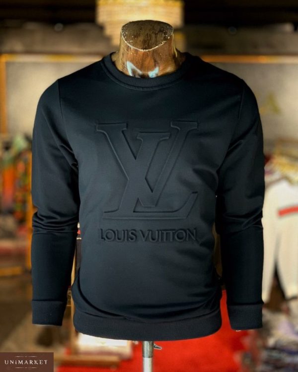 Купить дешево мужской свитер с объемным тиснением Louis Vuitton черного цвета батал недорого