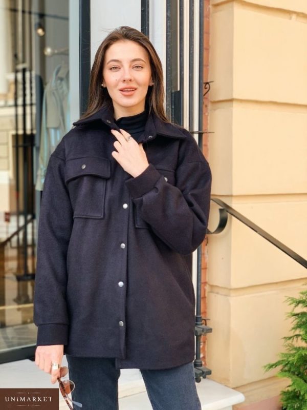 Заказать в подарок женское пальто рубашка из кашемира на флисе черного цвета оптом Украина