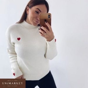 Заказать в подарок женский кашемировый свитер с сердечками оверсайз белого цвета оптом Украина