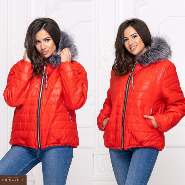 Приобрести дешево зимнюю женскую куртку из плащевки с мехом красного цвета батал Украина