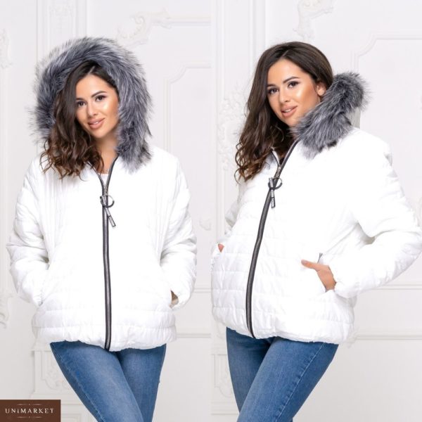 Заказать в интернет-магазине женскую зимнюю куртку из плащевки с мехом белого цвета батал дешево