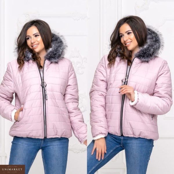 Приобрести дешево женскую куртку зимнюю из плащевки с мехом цвета пудры больших размеров недорого