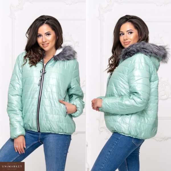 Купить в интернет-магазине из плащевки женскую зимнюю куртку с мехом мятного цвета больших размеров недорого