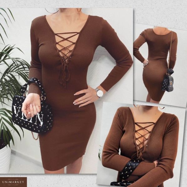 Придбати в інтернет-магазині жіночу сукню в'язки машинної на грудях зі шнурівкою шоколадного кольору дешево