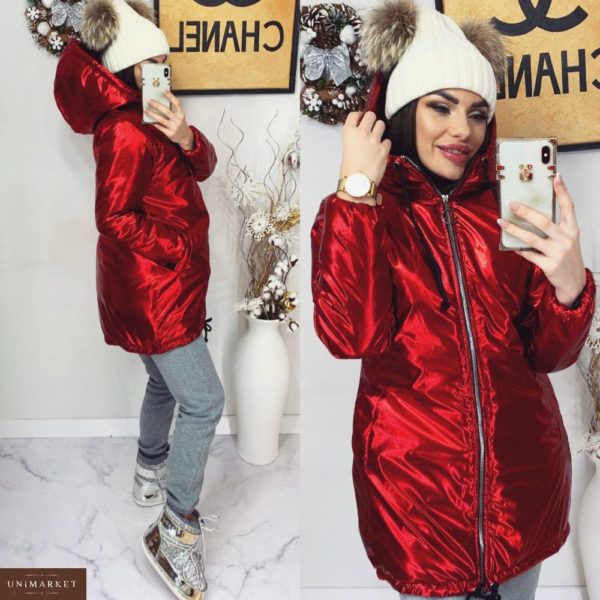 Приобрести в интернет-магазине женскую зимнюю куртку с капюшоном из ультрамодной плащовки сильвер с напылением блестящим красного цвета дешево