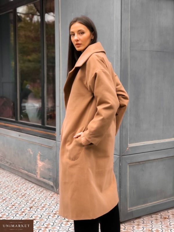 Замовити недорого жіноче кашемірове пальто з поясом на стьобані синтепоновой підкладці кольору коричневого розмірів великих дешево