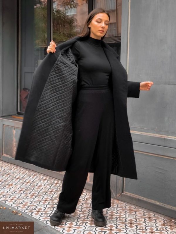 Приобрести дешево женское пальто кашемировое на стёганной синтепоновой подкладке с поясом цвета черного больших размеров недорого