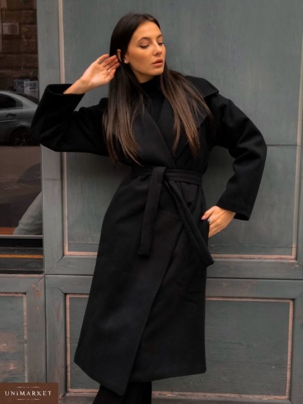 Заказать в интернет-магазине женское кашемировое пальто на стёганной синтепоновой подкладке с поясом черного цвета батал дешево