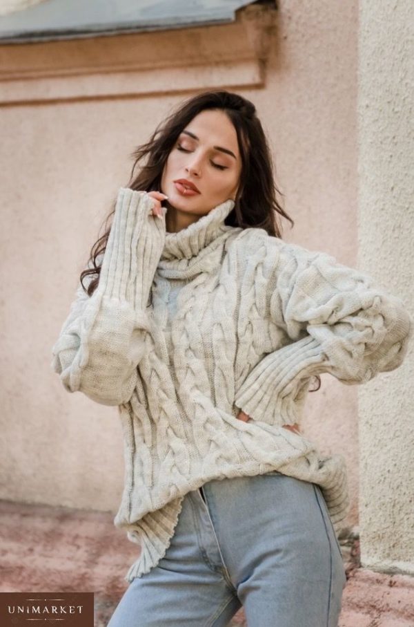 Заказать дешево женский свитер с высоким горлом шерстяной цвета дымка недорого