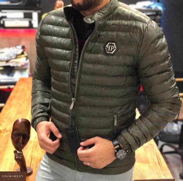 Купить в интернет-магазине мужскую демисезонную Philipp Plein стеганую куртку цвета хаки размеров больших дешево