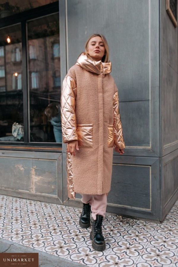 Приобрести женская куртка из букле и стеганой плащевки с капюшоном длинная карамель + золото в Украине