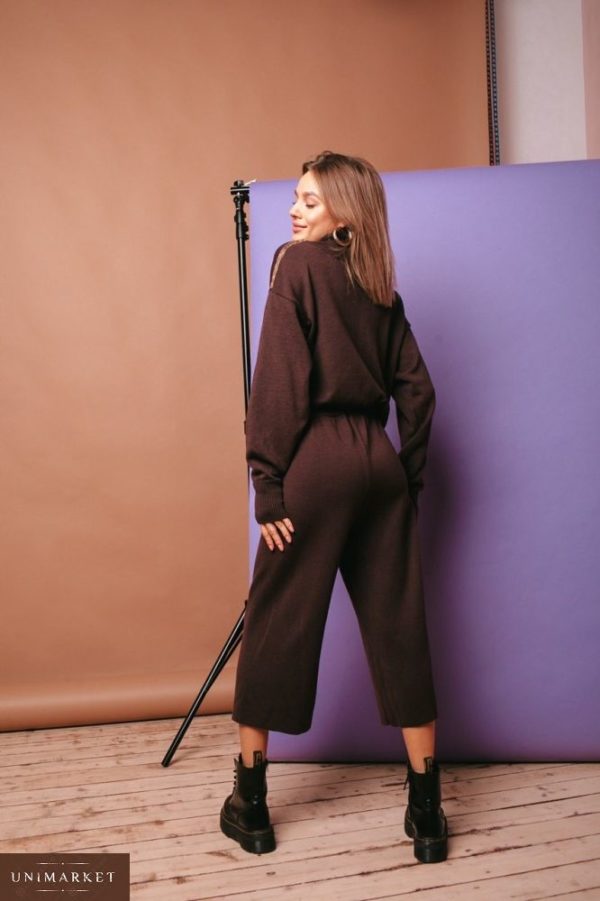 Приобрести в интернет-магазине женский костюм: кюлоты + кофта из хлопка цвета шоколадного дешево