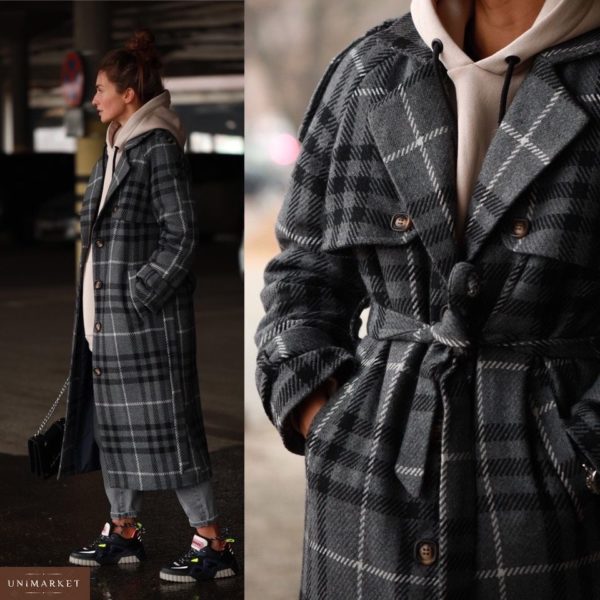 Заказать в подарок женское длинное пальто в клетку из шерсти с поясом серого цвета оптом Украина