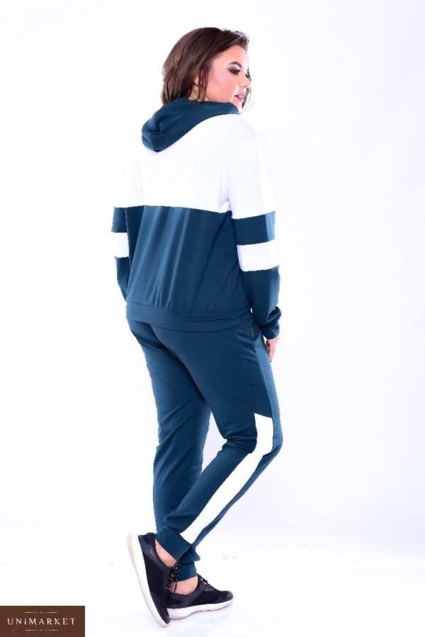Купить в интернет-магазине двухцветный женский спортивный костюм из двух нитки с капюшоном цвета сине-белого больших размеров недорого