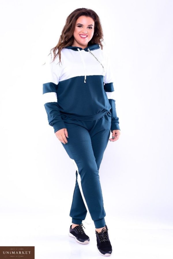 Придбати дешево жіночий костюм з капюшоном спортивний з двох нитки двоколірний синьо-білого кольору батал Україна