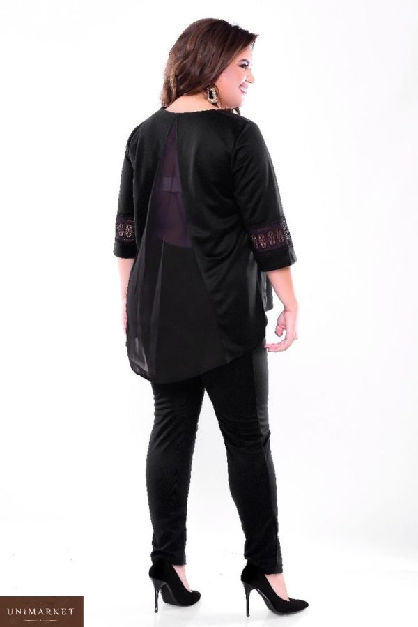 Приобрести дешево женский костюм: кофта + брюки с кружевом и экокожей цвета черного батал недорого